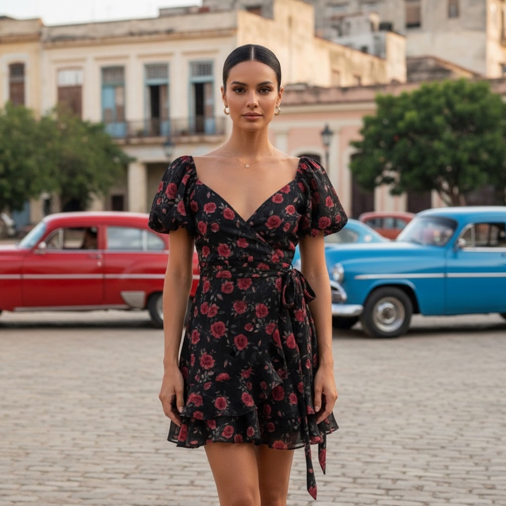 Black & Red Floral Mini Dress – Puff Sleeve Wrap Style